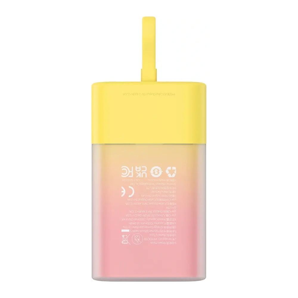 Powerbank Baseus Popsicle 5200mAh 20W z wbudowanym kablem Lightning + kabel Baseus Simple USB-C / USB-C 60W/20V/3A/30cm zółto-różowy