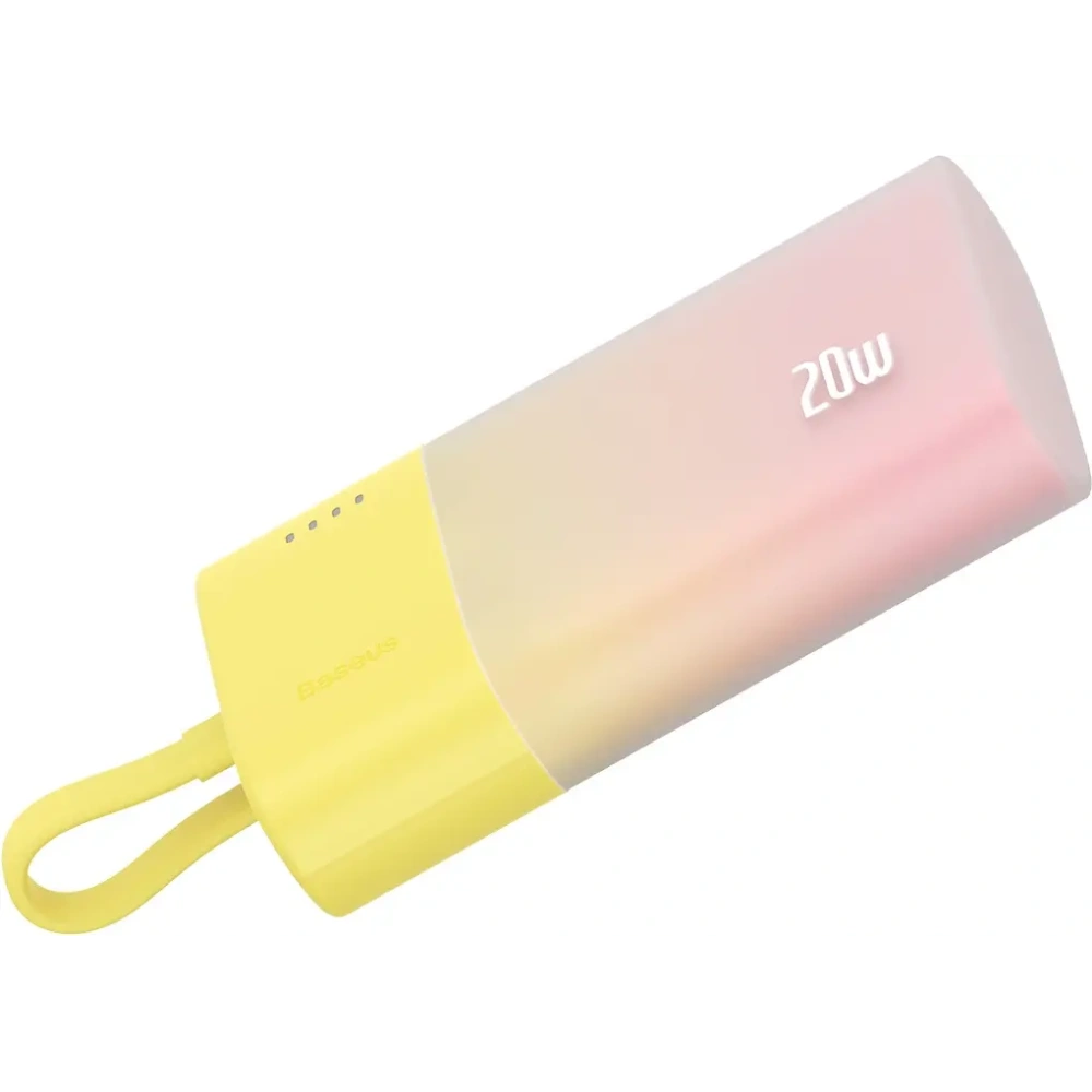 Powerbank Baseus Popsicle 5200mAh 20W z wbudowanym kablem Lightning + kabel Baseus Simple USB-C / USB-C 60W/20V/3A/30cm zółto-różowy