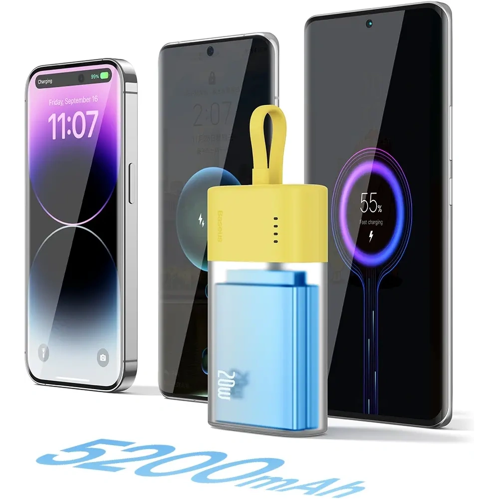 Powerbank Baseus Popsicle 5200mAh 20W z wbudowanym kablem Lightning + kabel Baseus Simple USB-C / USB-C 60W/20V/3A/30cm zółto-różowy
