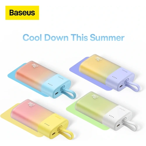 Powerbank Baseus Popsicle 5200mAh 20W z wbudowanym kablem Lightning + kabel Baseus Simple USB-C / USB-C 60W/20V/3A/30cm zółto-różowy