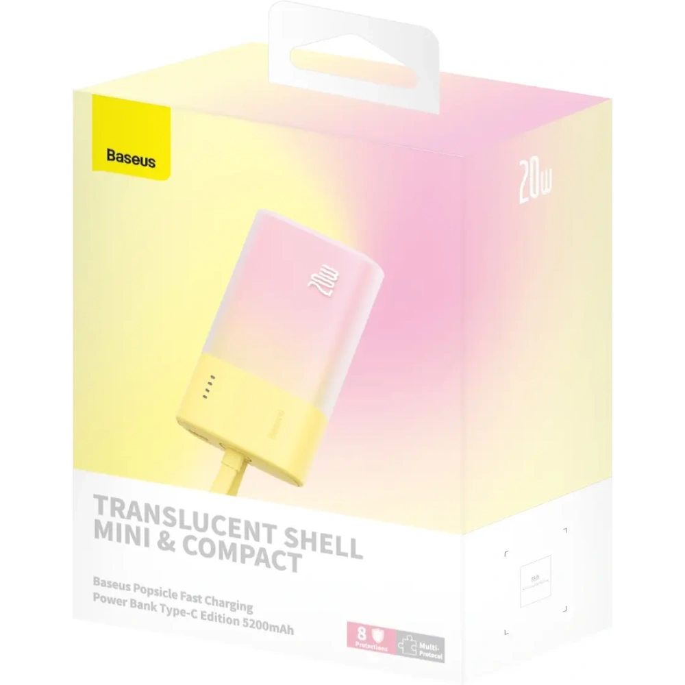 Powerbank Baseus Popsicle 5200mAh 20W z wbudowanym kablem Lightning + kabel Baseus Simple USB-C / USB-C 60W/20V/3A/30cm zółto-różowy