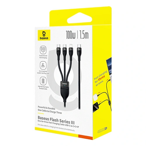 Kabel 3w1 Baseus Flash Series 3 USB-C / 2xUSB-C, Lightning 1.5m 100W czarny