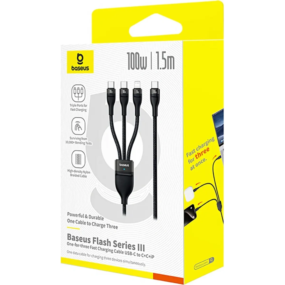 Kabel 3w1 Baseus Flash Series 3 USB-C / 2xUSB-C, Lightning 1.5m 100W czarny