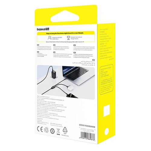 Kabel 3w1 Baseus Flash Series 3 USB-C / 2xUSB-C, Lightning 1.5m 100W czarny