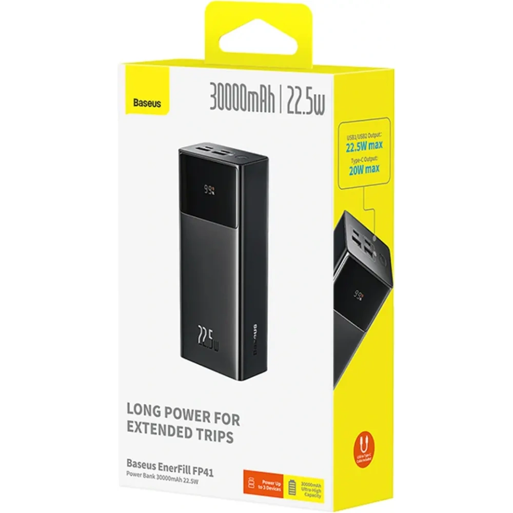 Powerbank Baseus EnerFill FP41 30000mAh 22.5W z kablem Baseus Simple USB-A / USB-C 3A 30cm czarny