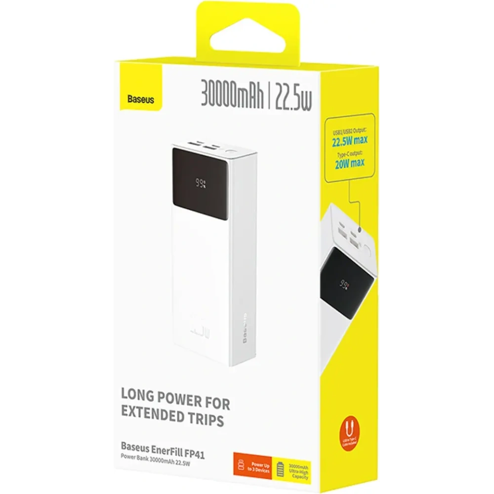 Powerbank Baseus EnerFill FP41 30000mAh 22.5W z kablem Baseus Simple USB-A / USB-C 3A 30cm biały