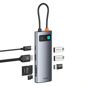 HUB Baseus Metal Gleam USB-C / HDMI 4K 60Hz, 3xUSB-A 3.0, USB-C PD, SD, microSD szary