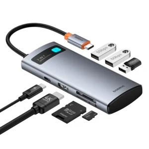 HUB Baseus Metal Gleam USB-C / HDMI 4K 60Hz, 3xUSB-A 3.0, USB-C PD, SD, microSD szary