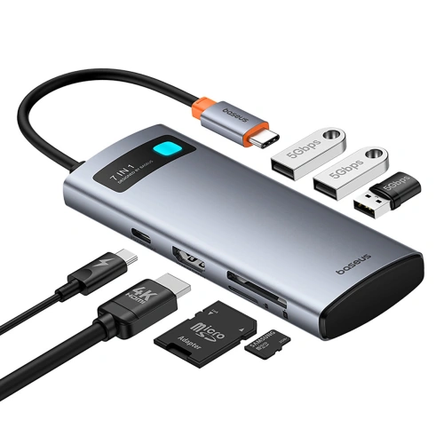 HUB Baseus Metal Gleam USB-C / HDMI 4K 60Hz, 3xUSB-A 3.0, USB-C PD, SD, microSD szary