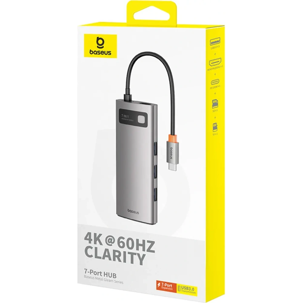 HUB Baseus Metal Gleam USB-C / HDMI 4K 60Hz, 3xUSB-A 3.0, USB-C PD, SD, microSD szary