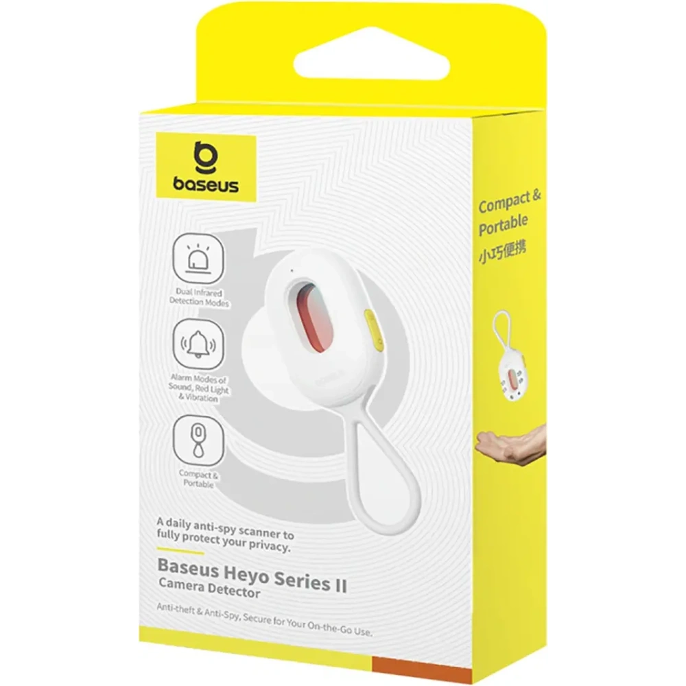 Wykrywacz ukrytych kamer Baseus Heyo Series II z alarmem i mini latarką + kabel Baseus Simple USB-A / USB-C biały