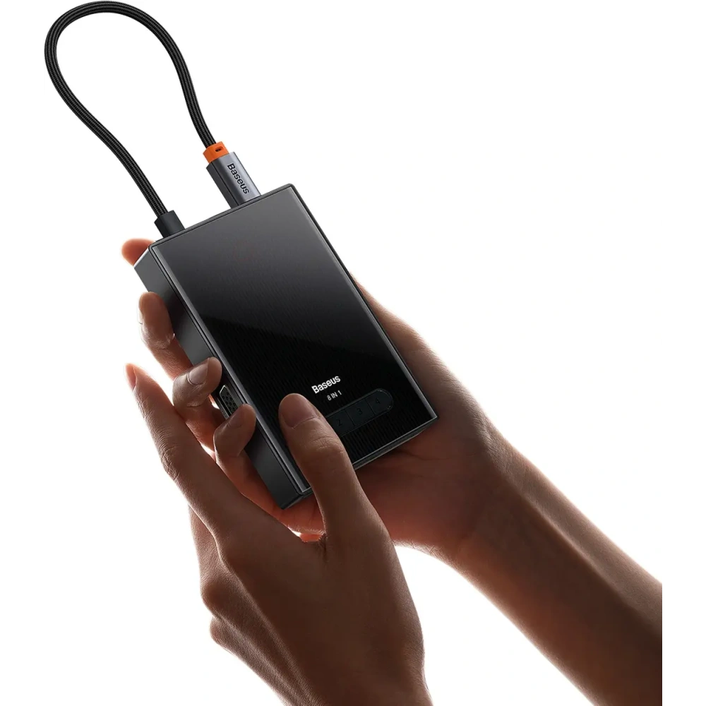 HUB Baseus PioneerJoy USB-C / HDMI 4K@60Hz, HDMI 4K@30Hz, DisplayPort 8K@30Hz, VGA, 2xUSB-A 3.0, 2xUSB-C szary