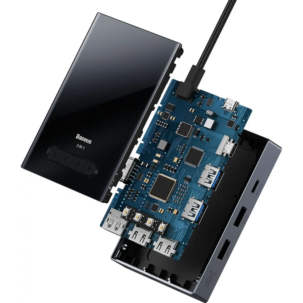HUB Baseus PioneerJoy USB-C / HDMI 4K@60Hz, HDMI 4K@30Hz, DisplayPort 8K@30Hz, VGA, 2xUSB-A 3.0, 2xUSB-C szary
