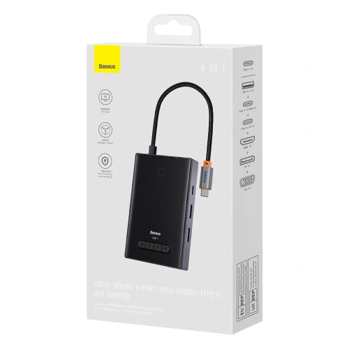 HUB Baseus PioneerJoy USB-C / HDMI 4K@60Hz, HDMI 4K@30Hz, DisplayPort 8K@30Hz, VGA, 2xUSB-A 3.0, 2xUSB-C szary