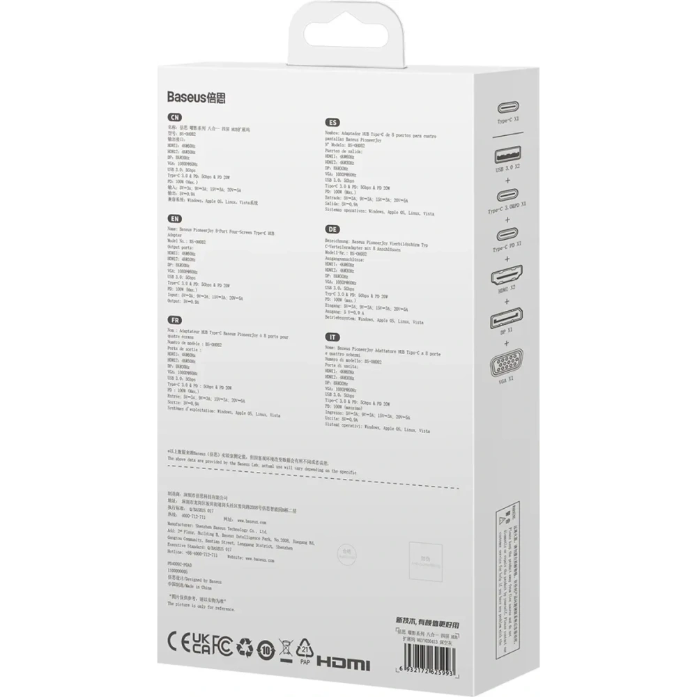 HUB Baseus PioneerJoy USB-C / HDMI 4K@60Hz, HDMI 4K@30Hz, DisplayPort 8K@30Hz, VGA, 2xUSB-A 3.0, 2xUSB-C szary