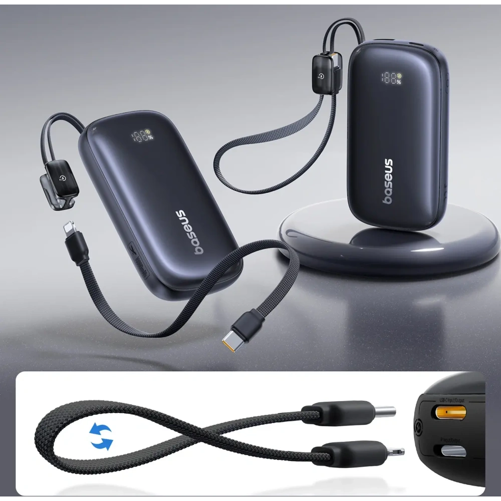 Powerbank Baseus EnerFill FC21 QPow3 Ultra 10000mAh 22.5W z wyświetlaczem i odłączanym kablem czarny