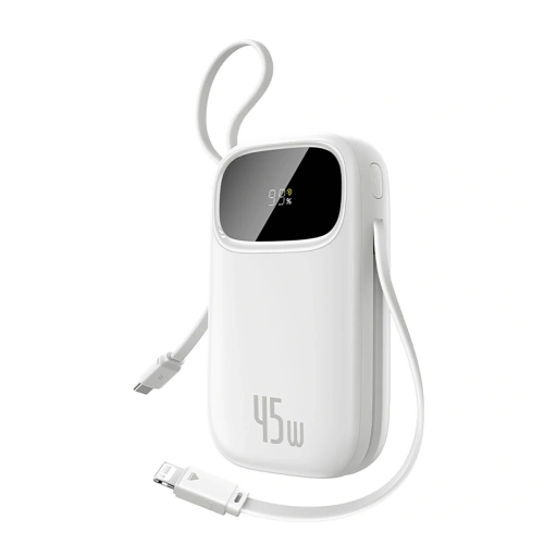 Powerbank Baseus EnerFill FC31 20000mAh 45W z wyświetlaczem cyfrowym i dwoma wbudowanymi kablami USB-C, Lightning biały