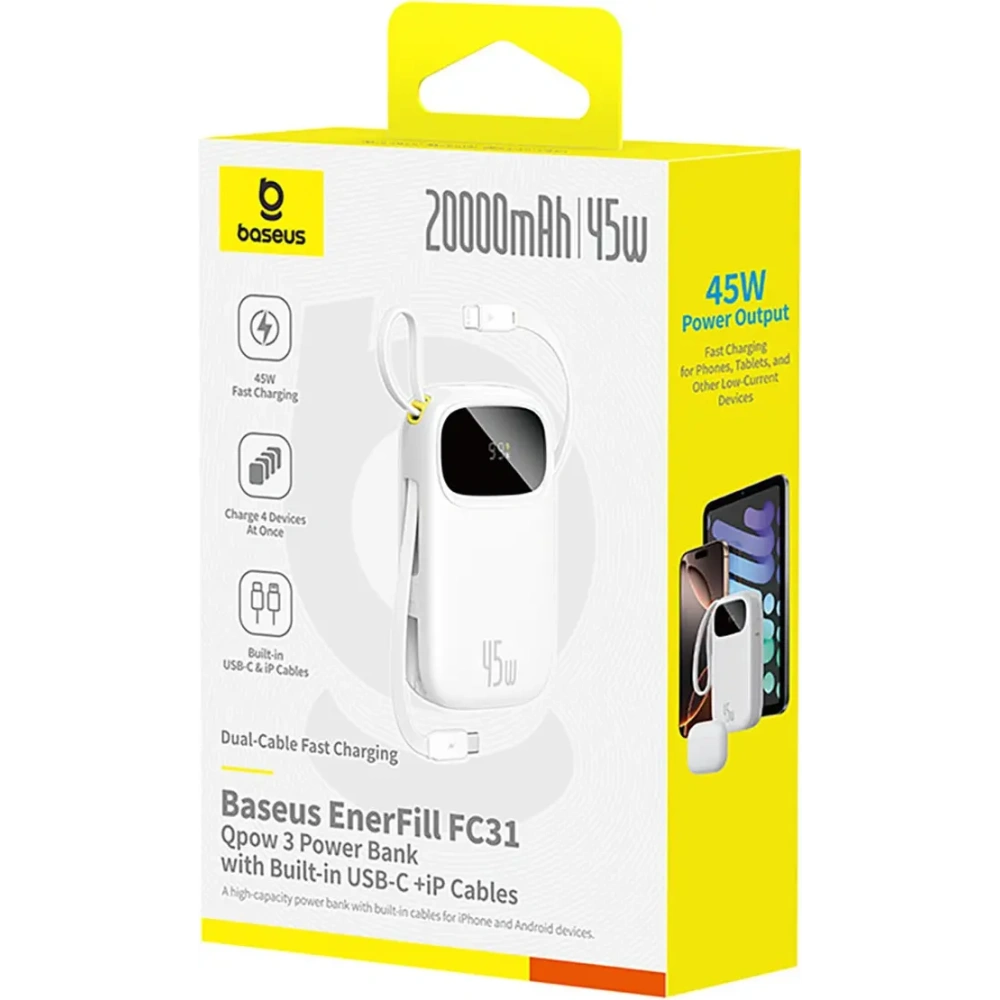 Powerbank Baseus EnerFill FC31 20000mAh 45W z wyświetlaczem cyfrowym i dwoma wbudowanymi kablami USB-C, Lightning biały