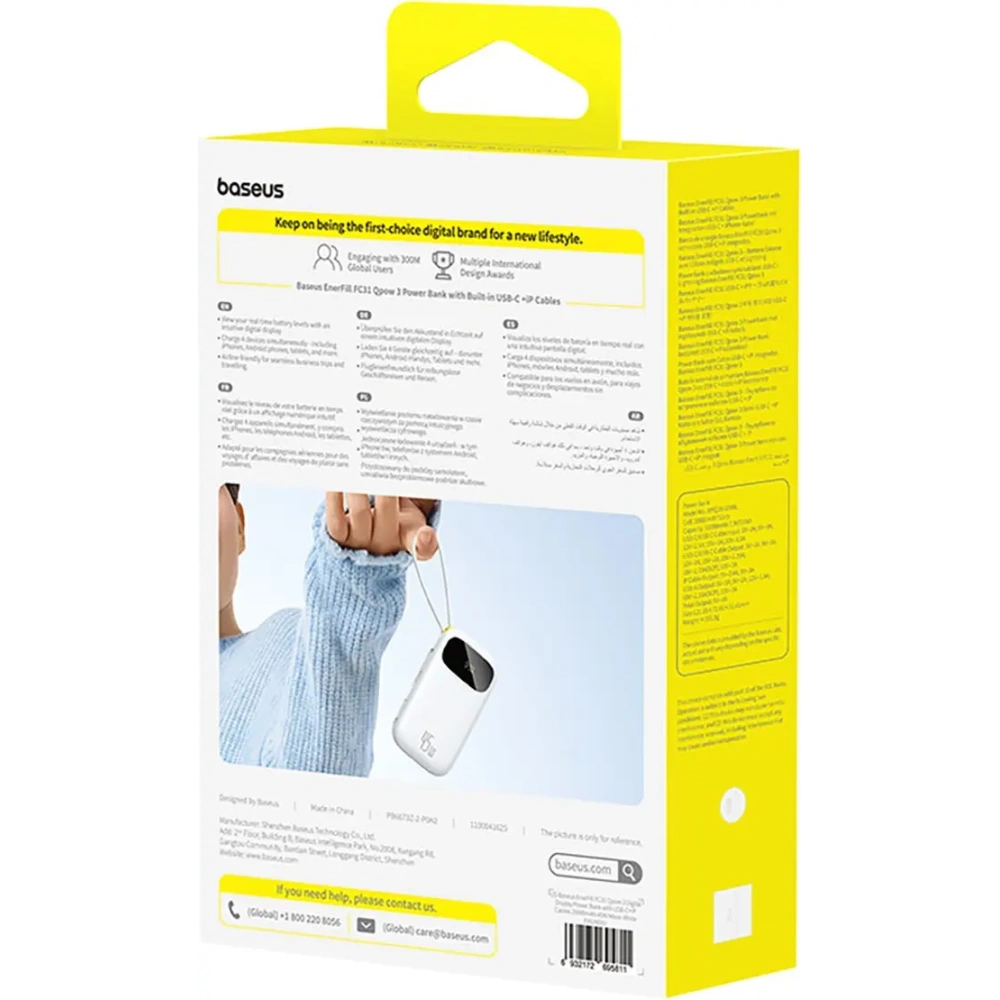 Powerbank Baseus EnerFill FC31 20000mAh 45W z wyświetlaczem cyfrowym i dwoma wbudowanymi kablami USB-C, Lightning biały