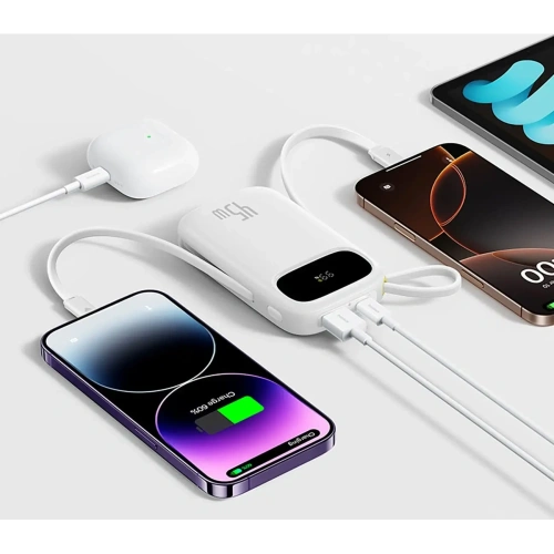 Powerbank Baseus EnerFill FC31 20000mAh 45W z wyświetlaczem cyfrowym i dwoma wbudowanymi kablami USB-C, Lightning biały