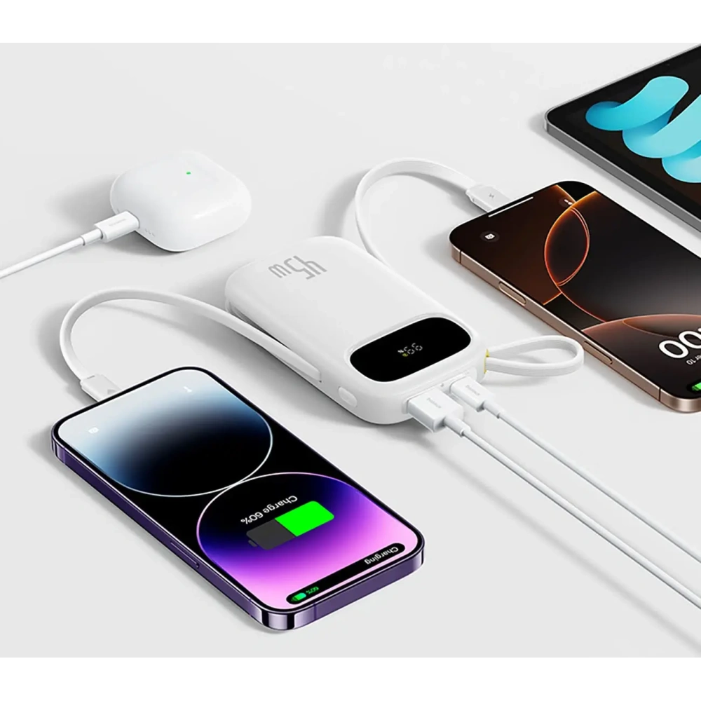 Powerbank Baseus EnerFill FC31 20000mAh 45W z wyświetlaczem cyfrowym i dwoma wbudowanymi kablami USB-C, Lightning biały