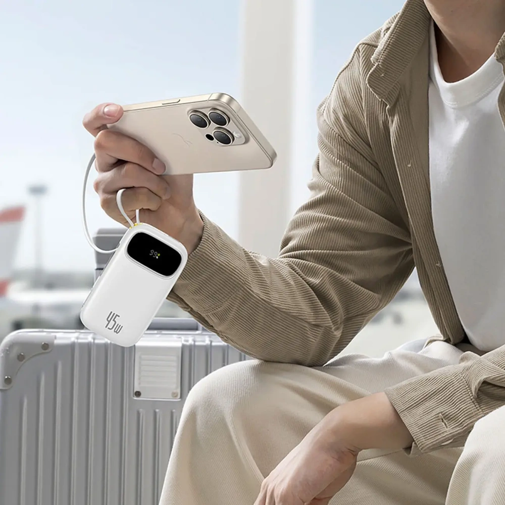 Powerbank Baseus EnerFill FC31 20000mAh 45W z wyświetlaczem cyfrowym i dwoma wbudowanymi kablami USB-C, Lightning biały