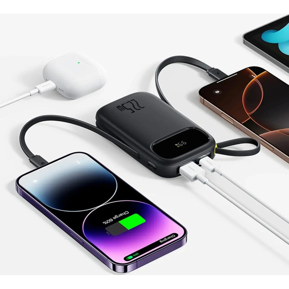 Powerbank Baseus EnerFill FC31 10000mAh 22.5W z wyświetlaczem cyfrowym i dwoma wbudowanymi kablami USB-C, Lightning czarny