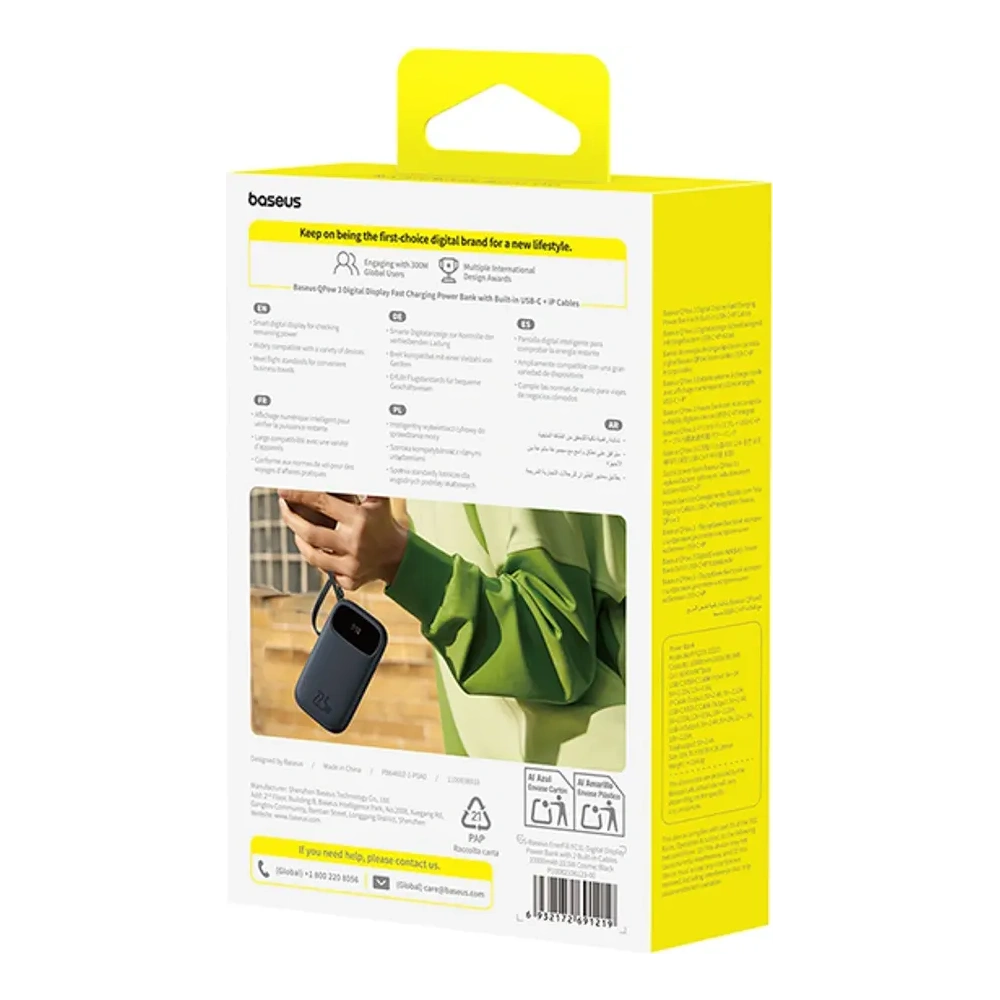 Powerbank Baseus EnerFill FC31 10000mAh 22.5W z wyświetlaczem cyfrowym i dwoma wbudowanymi kablami USB-C, Lightning czarny