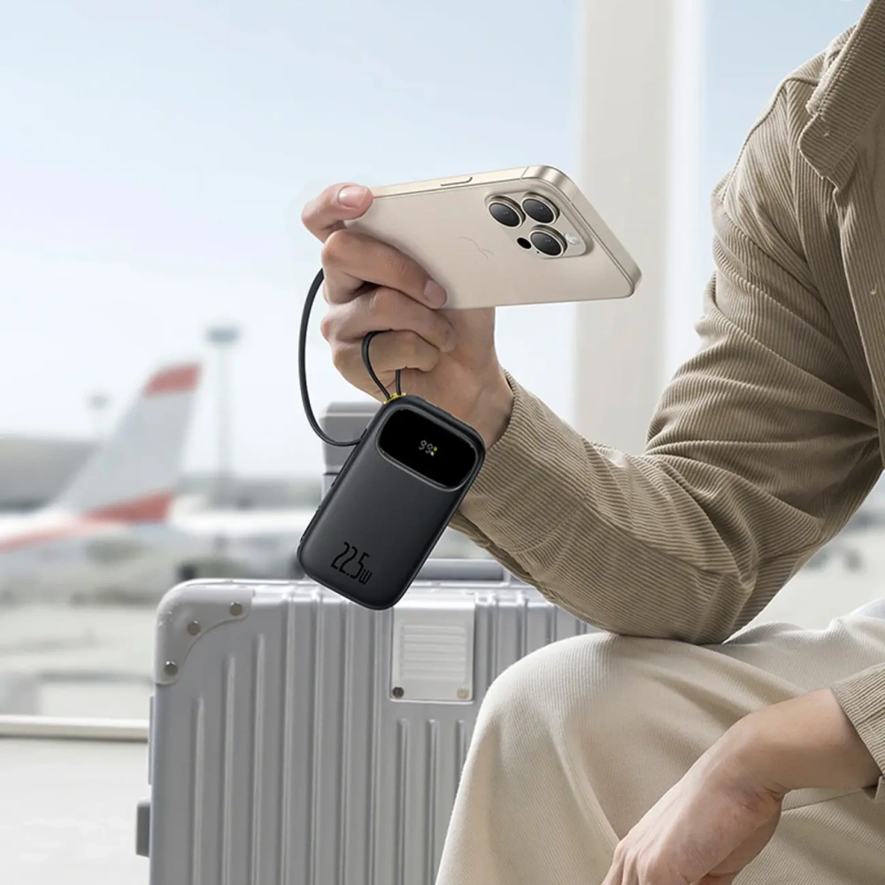 Powerbank Baseus EnerFill FC31 10000mAh 22.5W z wyświetlaczem cyfrowym i dwoma wbudowanymi kablami USB-C, Lightning czarny