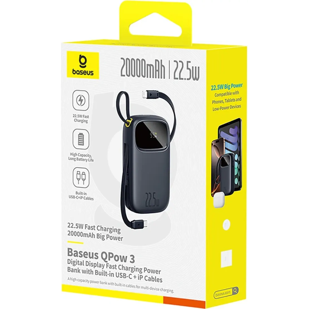 Powerbank Baseus EnerFill FC31 20000mAh 22.5W z wyświetlaczem cyfrowym i dwoma wbudowanymi kablami USB-C, Lightning czarny