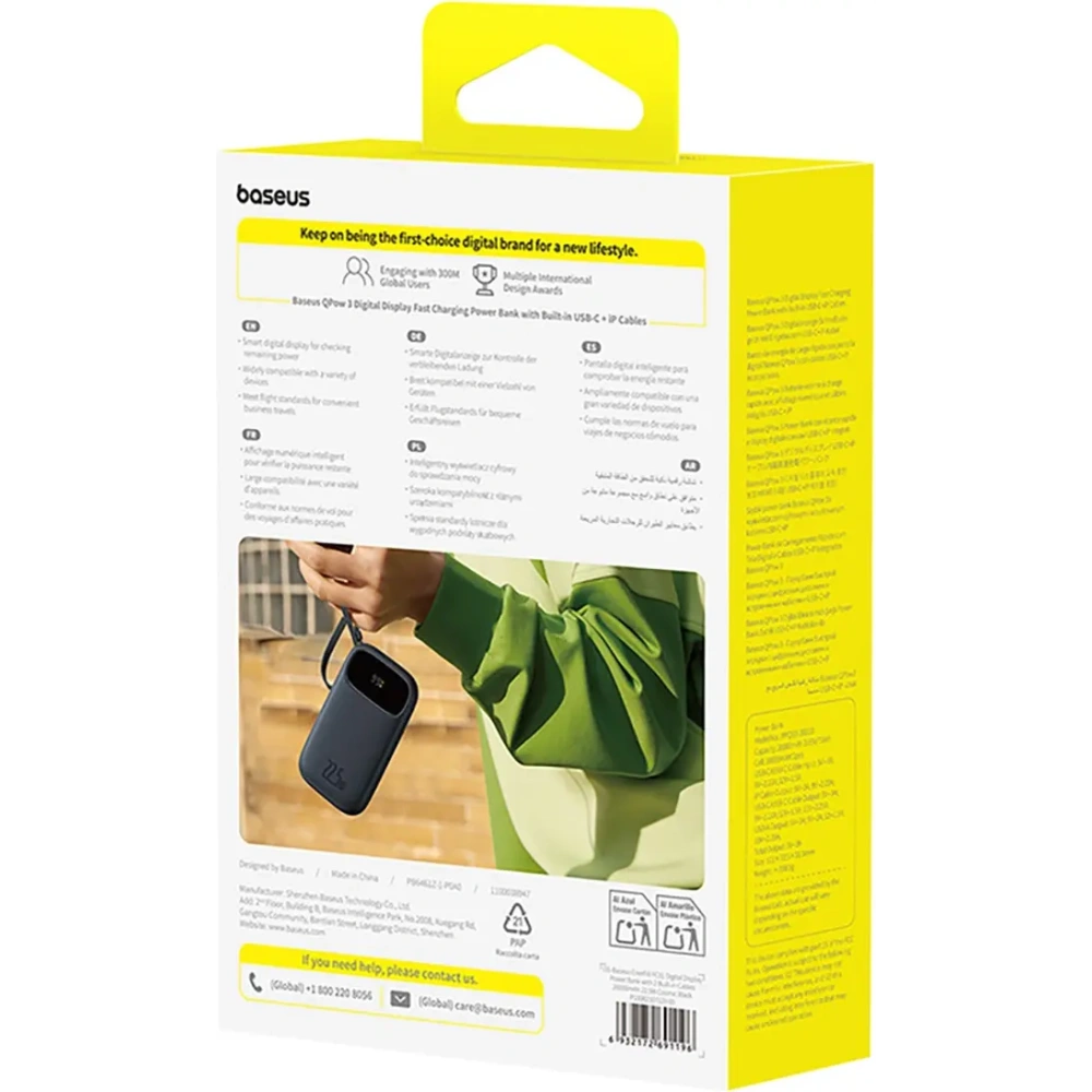 Powerbank Baseus EnerFill FC31 20000mAh 22.5W z wyświetlaczem cyfrowym i dwoma wbudowanymi kablami USB-C, Lightning czarny