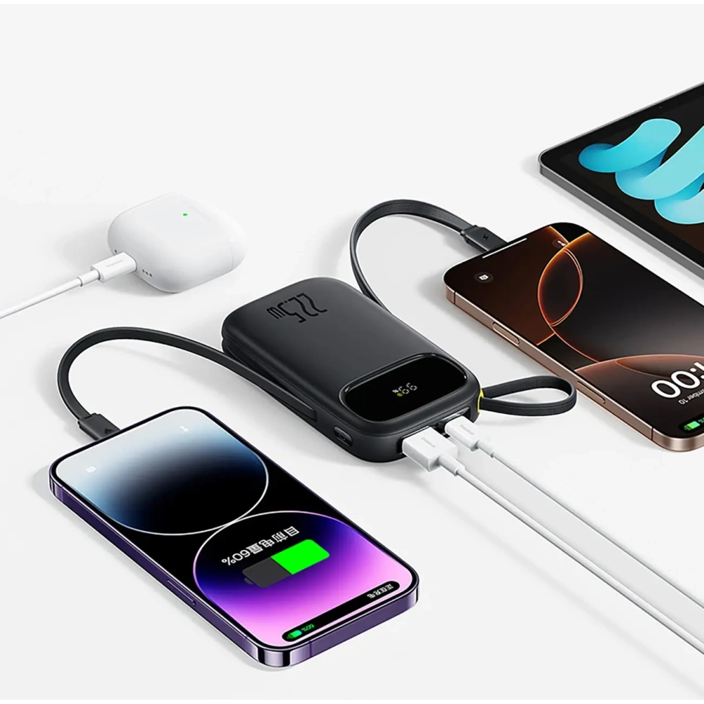 Powerbank Baseus EnerFill FC31 20000mAh 22.5W z wyświetlaczem cyfrowym i dwoma wbudowanymi kablami USB-C, Lightning czarny