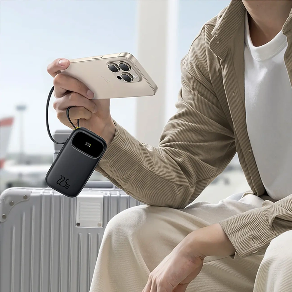 Powerbank Baseus EnerFill FC31 20000mAh 22.5W z wyświetlaczem cyfrowym i dwoma wbudowanymi kablami USB-C, Lightning czarny