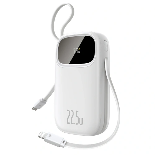Powerbank Baseus EnerFill FC31 20000mAh 22.5W z wyświetlaczem cyfrowym i dwoma wbudowanymi kablami USB-C, Lightning biały