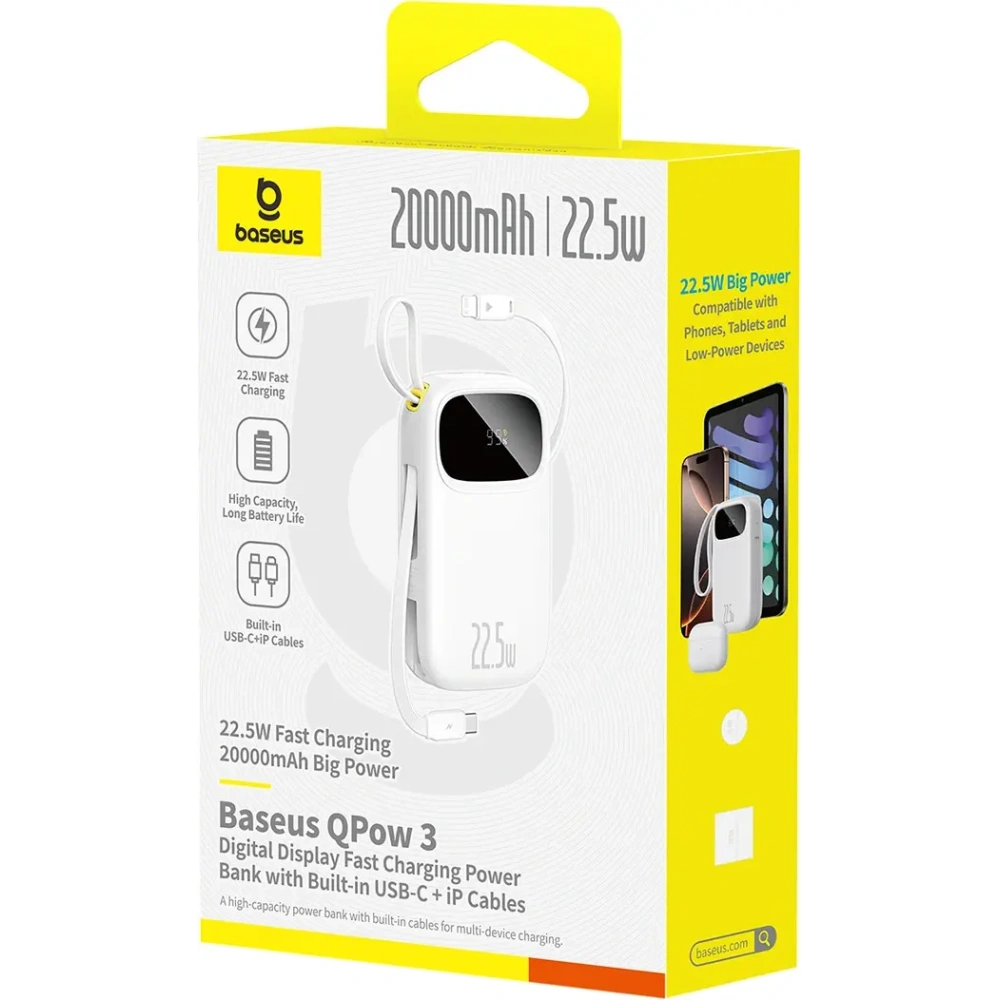 Powerbank Baseus EnerFill FC31 20000mAh 22.5W z wyświetlaczem cyfrowym i dwoma wbudowanymi kablami USB-C, Lightning biały