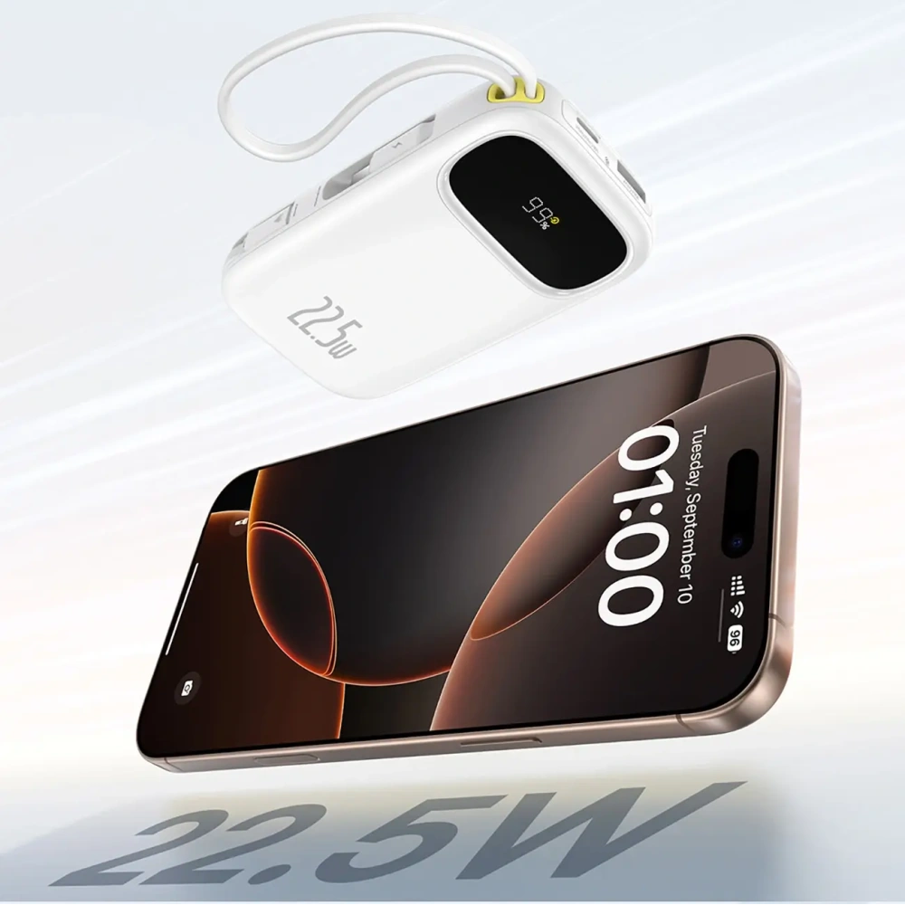 Powerbank Baseus EnerFill FC31 20000mAh 22.5W z wyświetlaczem cyfrowym i dwoma wbudowanymi kablami USB-C, Lightning biały