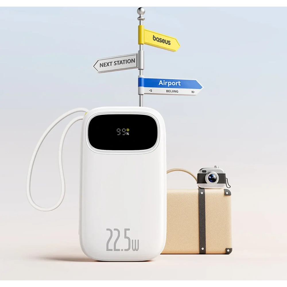 Powerbank Baseus EnerFill FC31 20000mAh 22.5W z wyświetlaczem cyfrowym i dwoma wbudowanymi kablami USB-C, Lightning biały