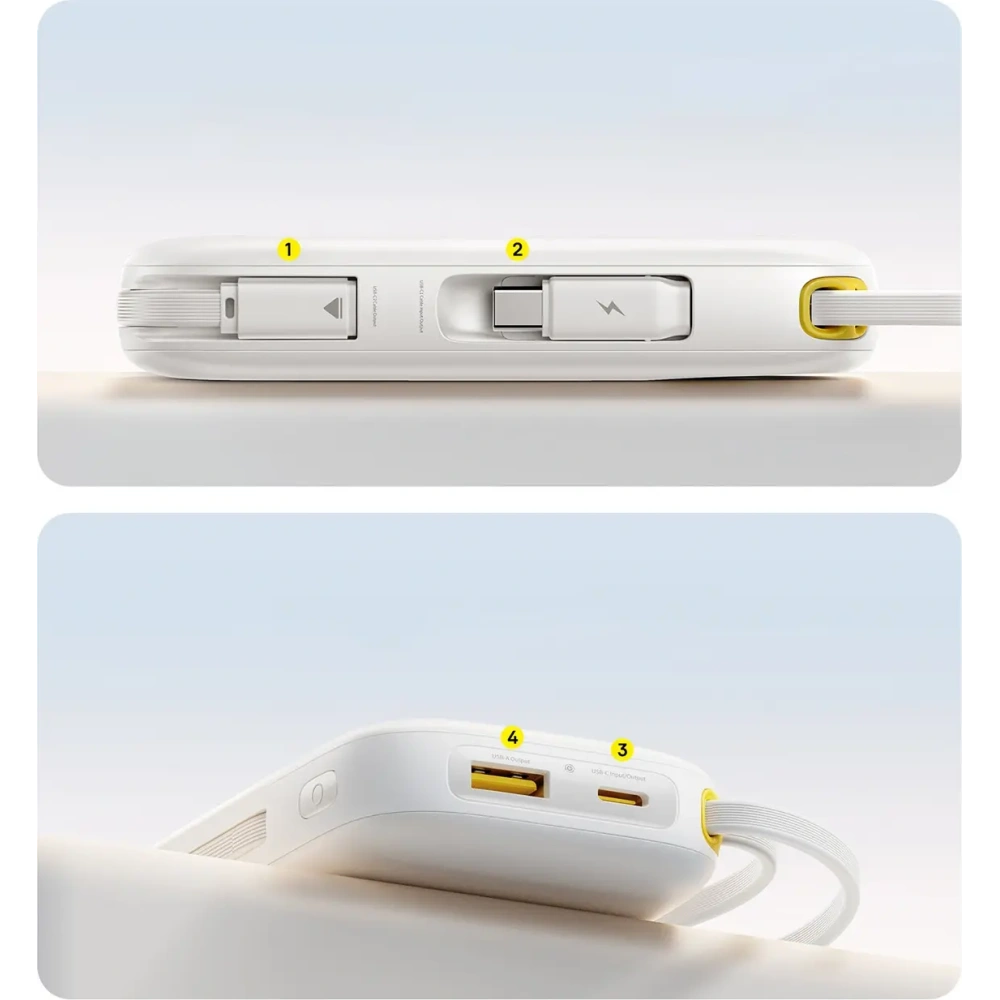 Powerbank Baseus EnerFill FC31 20000mAh 22.5W z wyświetlaczem cyfrowym i dwoma wbudowanymi kablami USB-C, Lightning biały