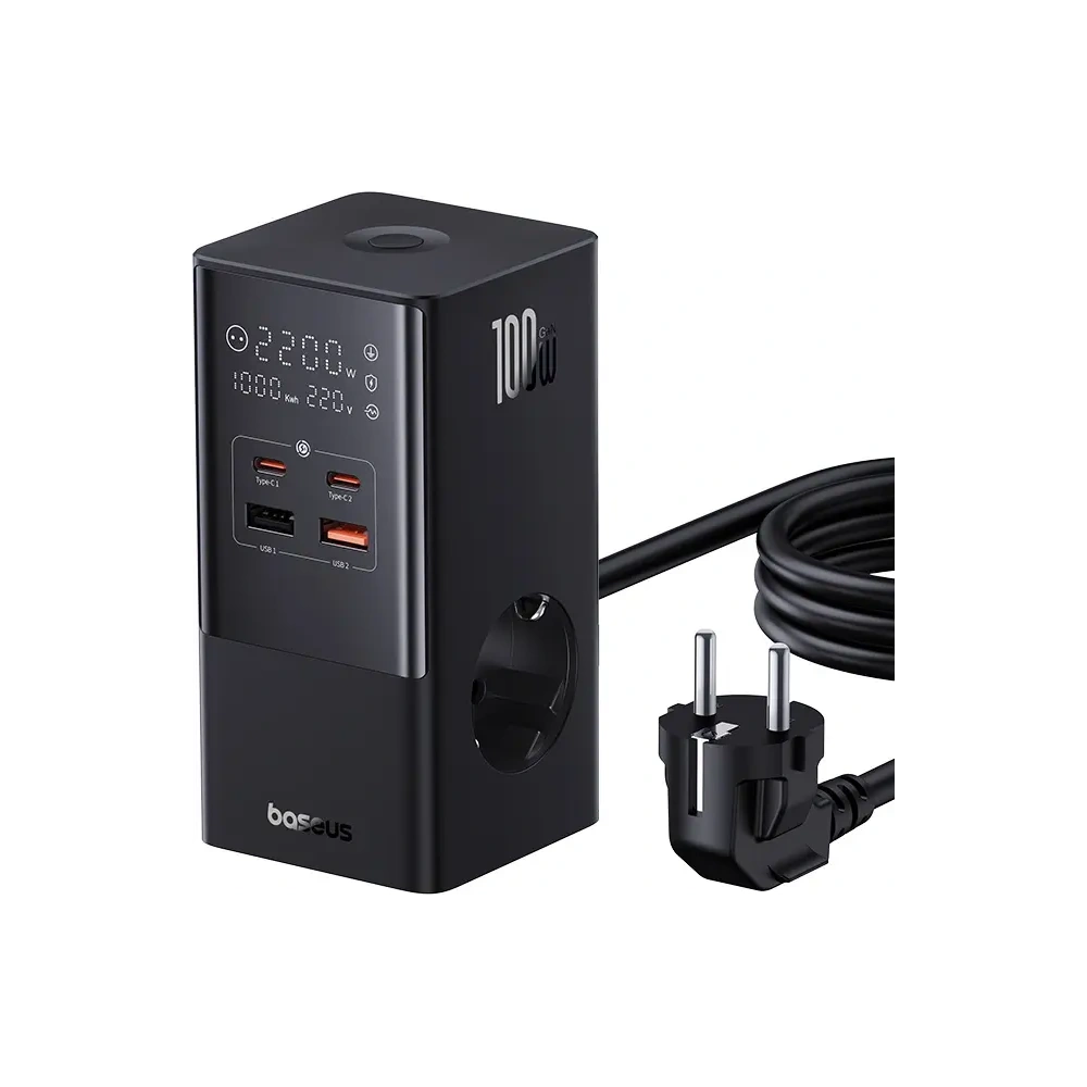 Stacja ładująca Baseus PowerCombo Tower 100W 2xAC, 2xUSB-A + 2x USB-C 1.5m czarna