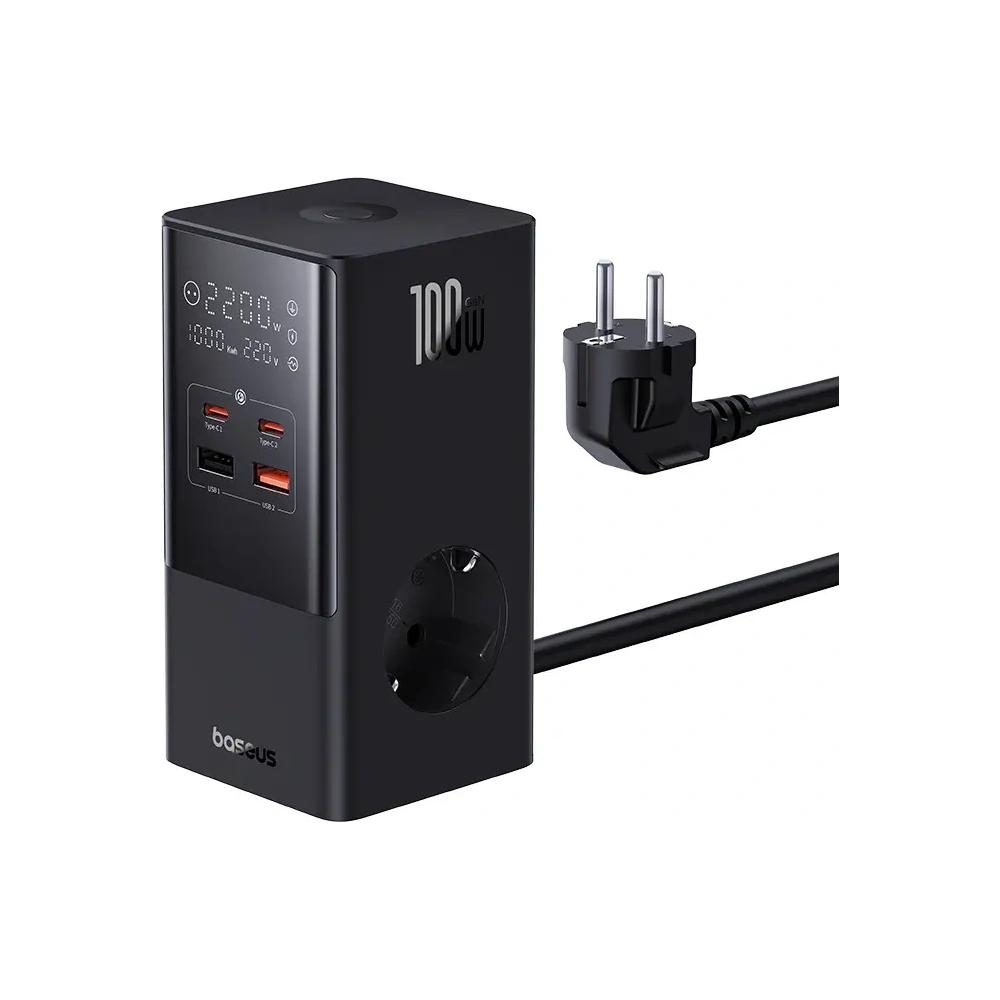 Stacja ładująca Baseus PowerCombo Tower 100W 2xAC, 2xUSB-A + 2x USB-C 1.5m czarna