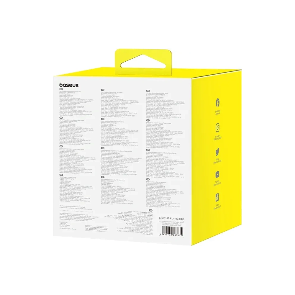 Stacja ładująca Baseus PowerCombo Tower 100W 2xAC, 2xUSB-A + 2x USB-C 1.5m czarna