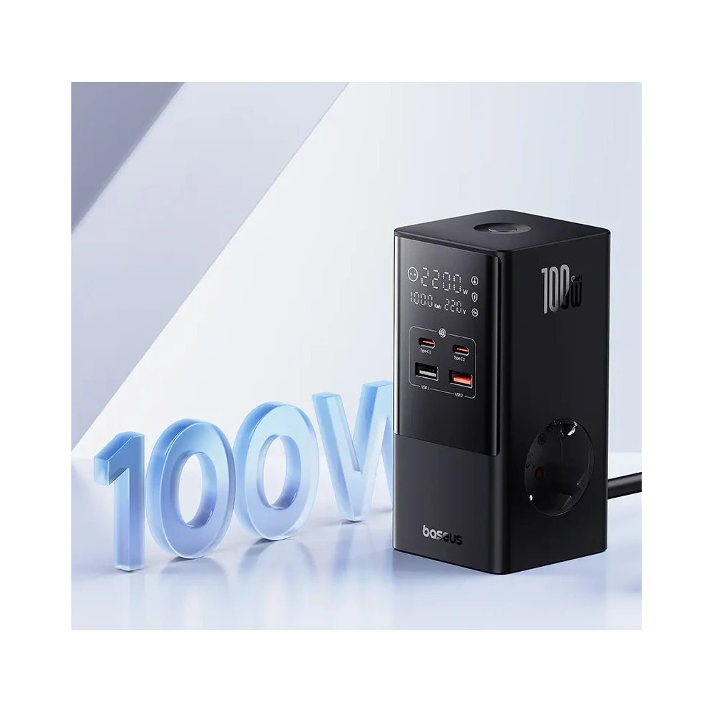 Stacja ładująca Baseus PowerCombo Tower 100W 2xAC, 2xUSB-A + 2x USB-C 1.5m czarna