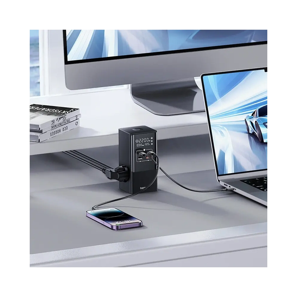 Stacja ładująca Baseus PowerCombo Tower 100W 2xAC, 2xUSB-A + 2x USB-C 1.5m czarna