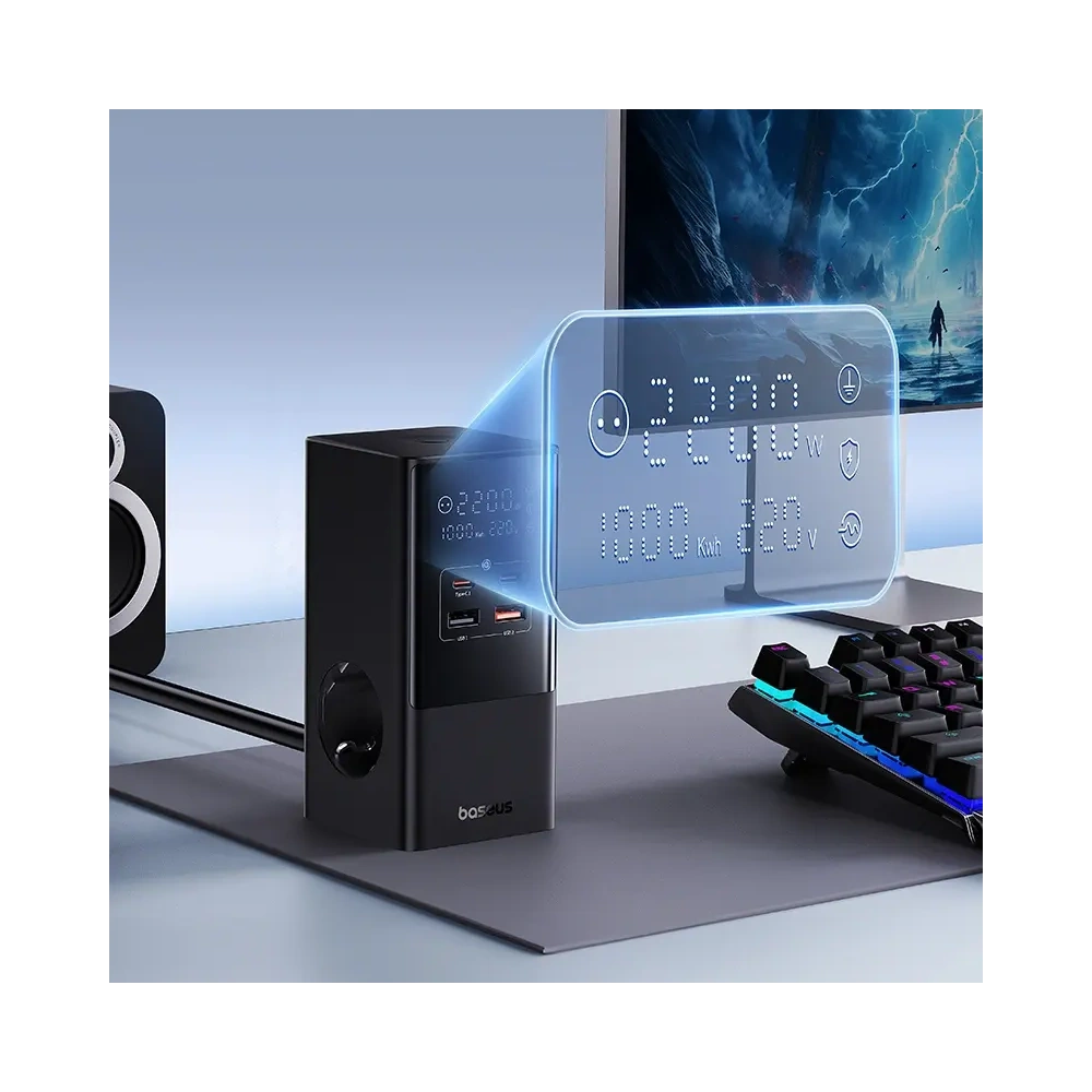 Stacja ładująca Baseus PowerCombo Tower 100W 2xAC, 2xUSB-A + 2x USB-C 1.5m czarna