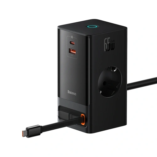 Stacja ładująca Baseus PowerCombo 65W 1.5m 2xAC, USB-A, USB-C + kabel USB-C czarna