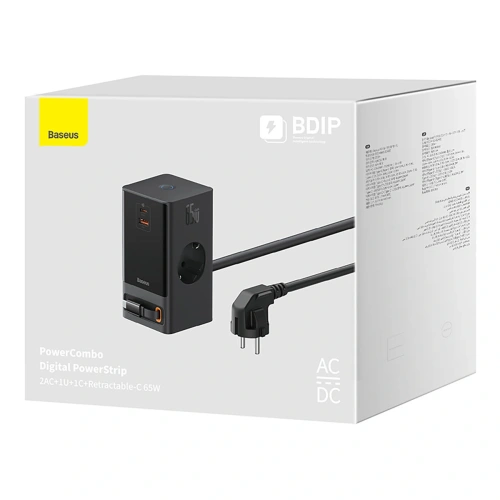 Stacja ładująca Baseus PowerCombo 65W 1.5m 2xAC, USB-A, USB-C + kabel USB-C czarna