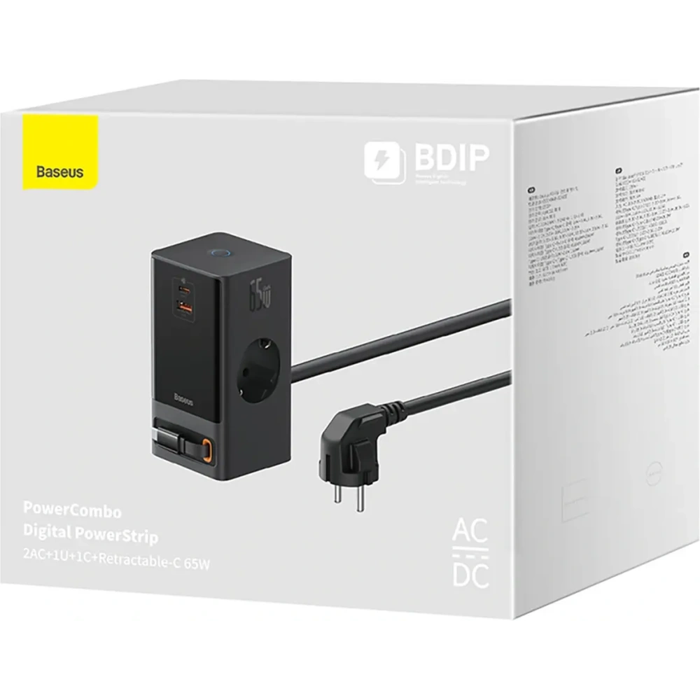 Stacja ładująca Baseus PowerCombo 65W 1.5m 2xAC, USB-A, USB-C + kabel USB-C czarna