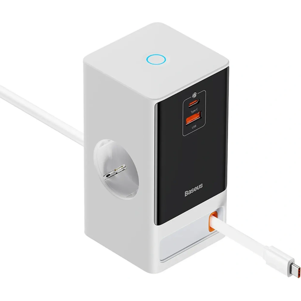 Stacja ładująca Baseus PowerCombo 65W 1.5m 2xAC, USB-A, USB-C + kabel USB-C biała