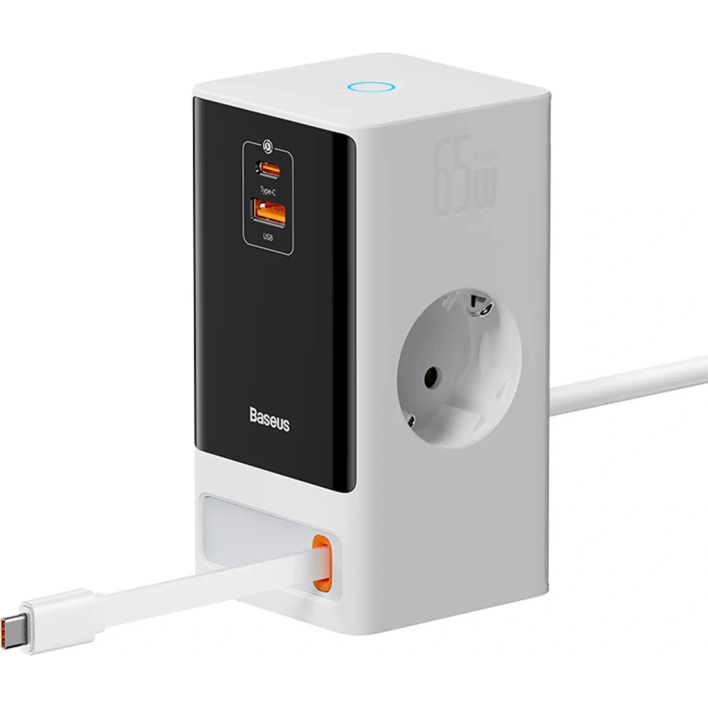 Stacja ładująca Baseus PowerCombo 65W 1.5m 2xAC, USB-A, USB-C + kabel USB-C biała