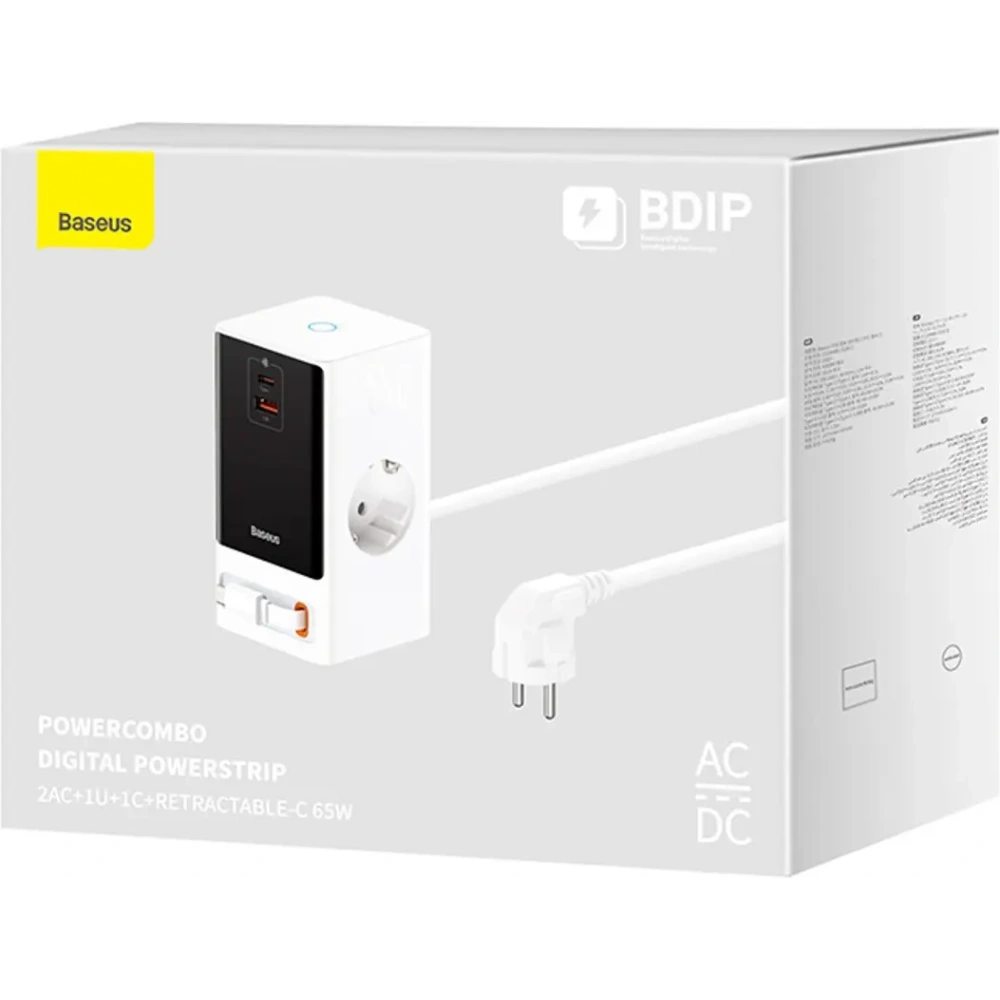 Stacja ładująca Baseus PowerCombo 65W 1.5m 2xAC, USB-A, USB-C + kabel USB-C biała